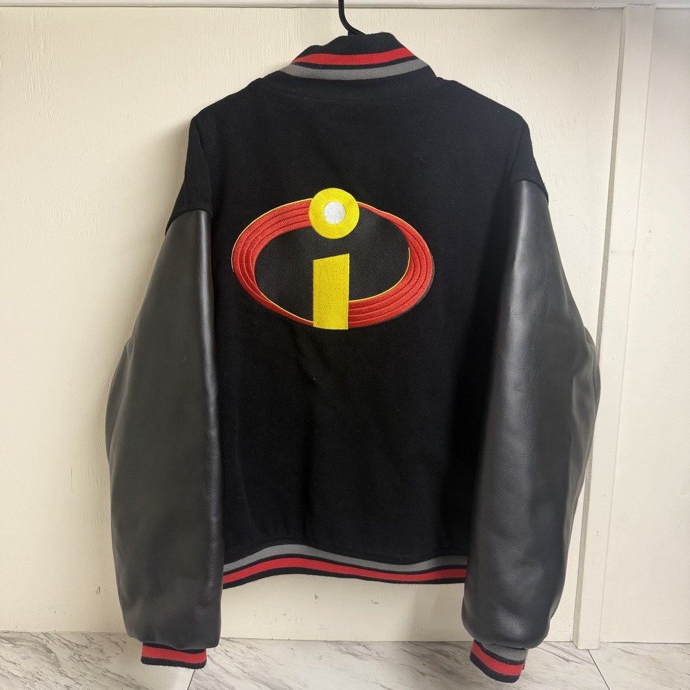 The Incredibles Varsity Jacket Men Large Black Leather Wool Disney Letterman